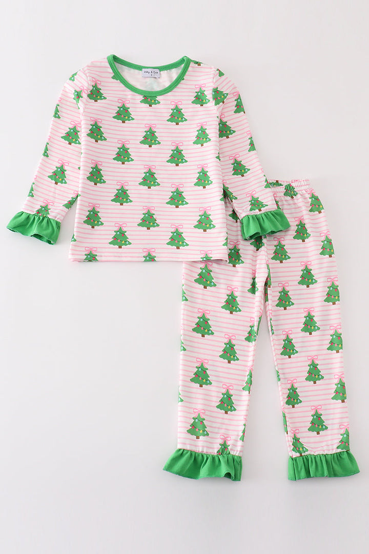 Green Christmas Tree Print Ruffle Girl Pajamas Set