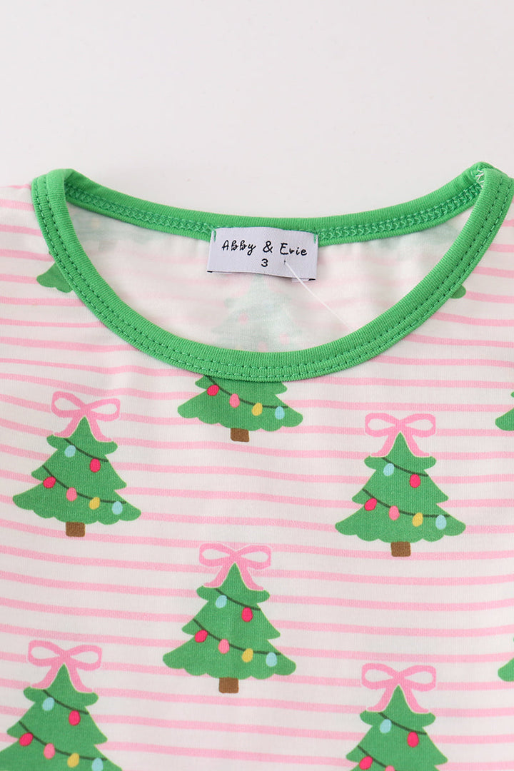 Green Christmas Tree Print Ruffle Girl Pajamas Set