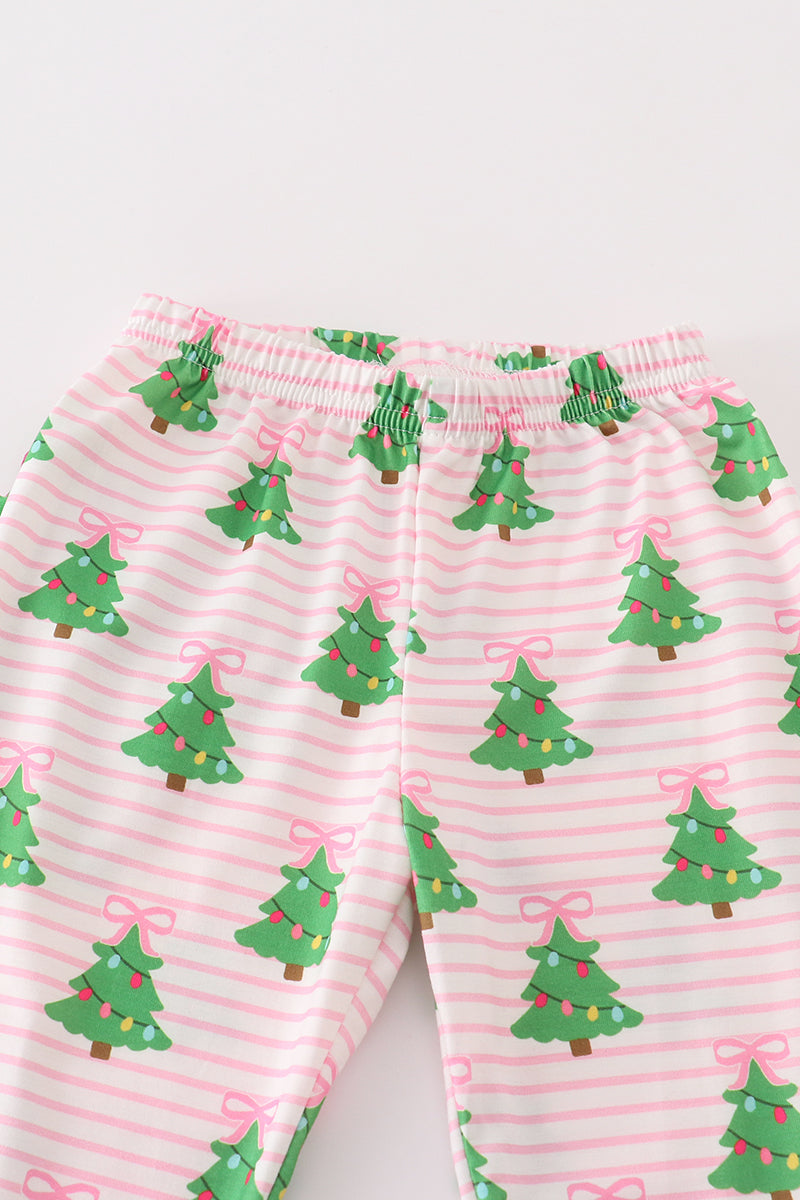 Green Christmas Tree Print Ruffle Girl Pajamas Set