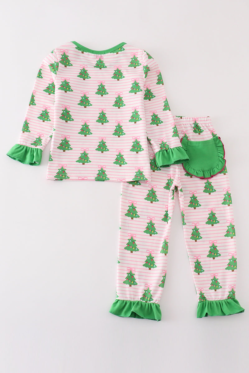 Green Christmas Tree Print Ruffle Girl Pajamas Set