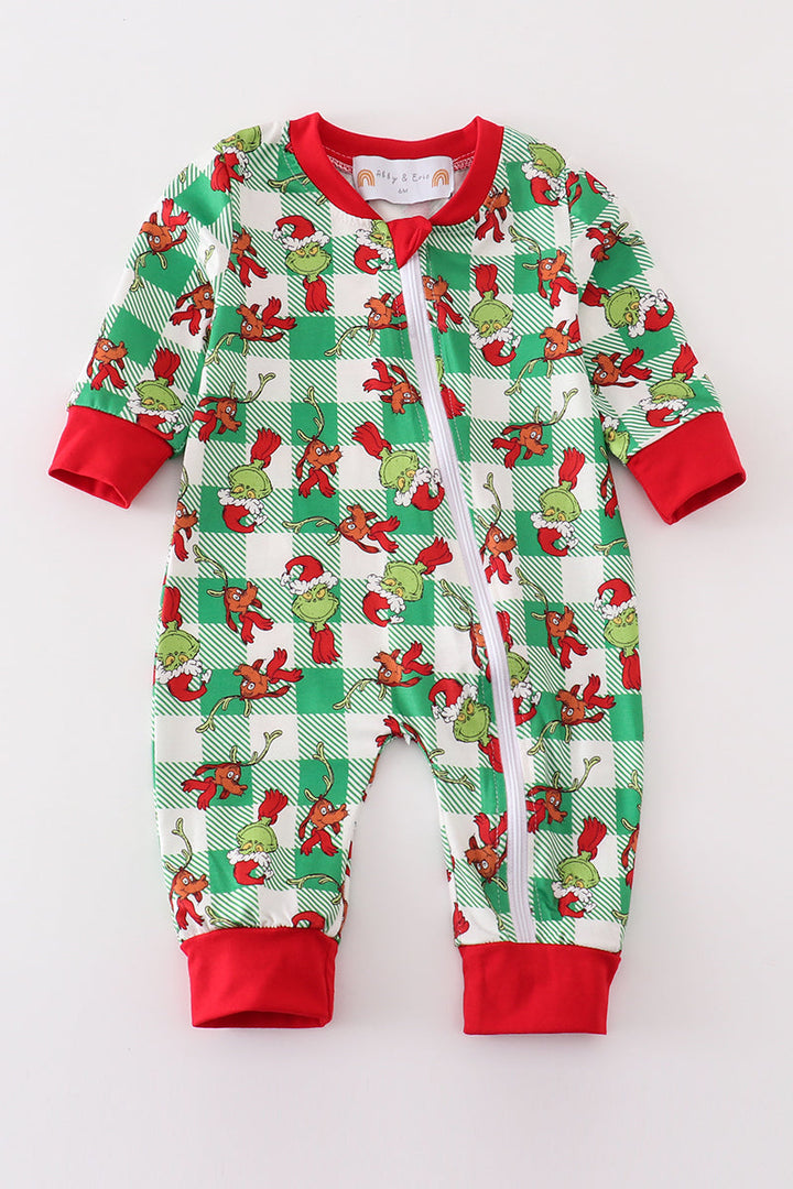 Green Grinch Print Plaid Zip Boy Romper