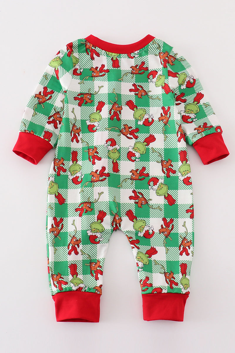 Green Grinch Print Plaid Zip Boy Romper