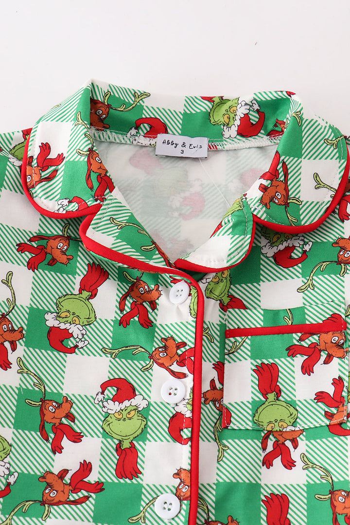 Green Grinch Print Plaid Ruffle Girl Pajamas Set