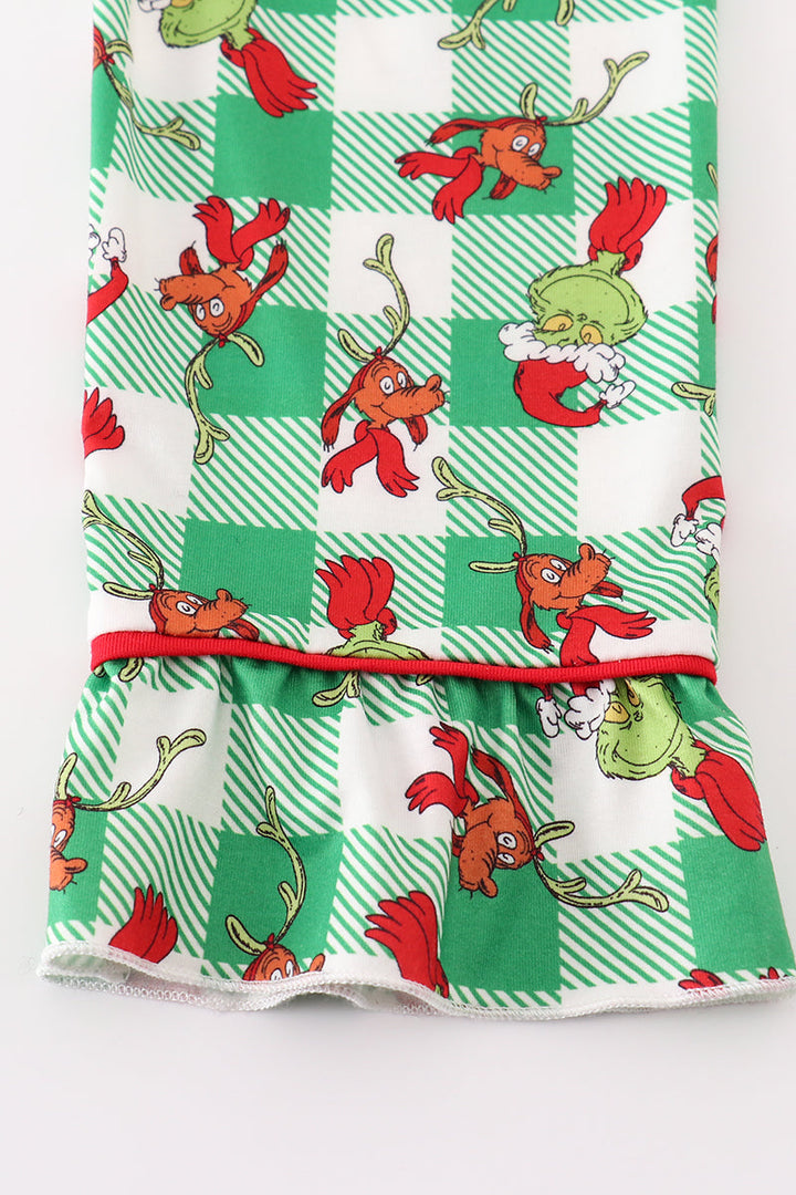 Green Grinch Print Plaid Ruffle Girl Pajamas Set