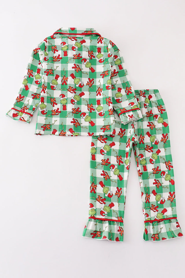 Green Grinch Print Plaid Ruffle Girl Pajamas Set