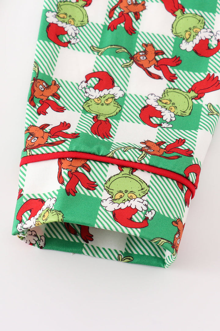 Green Grinch Print Plaid Ruffle Boy Pajamas Set