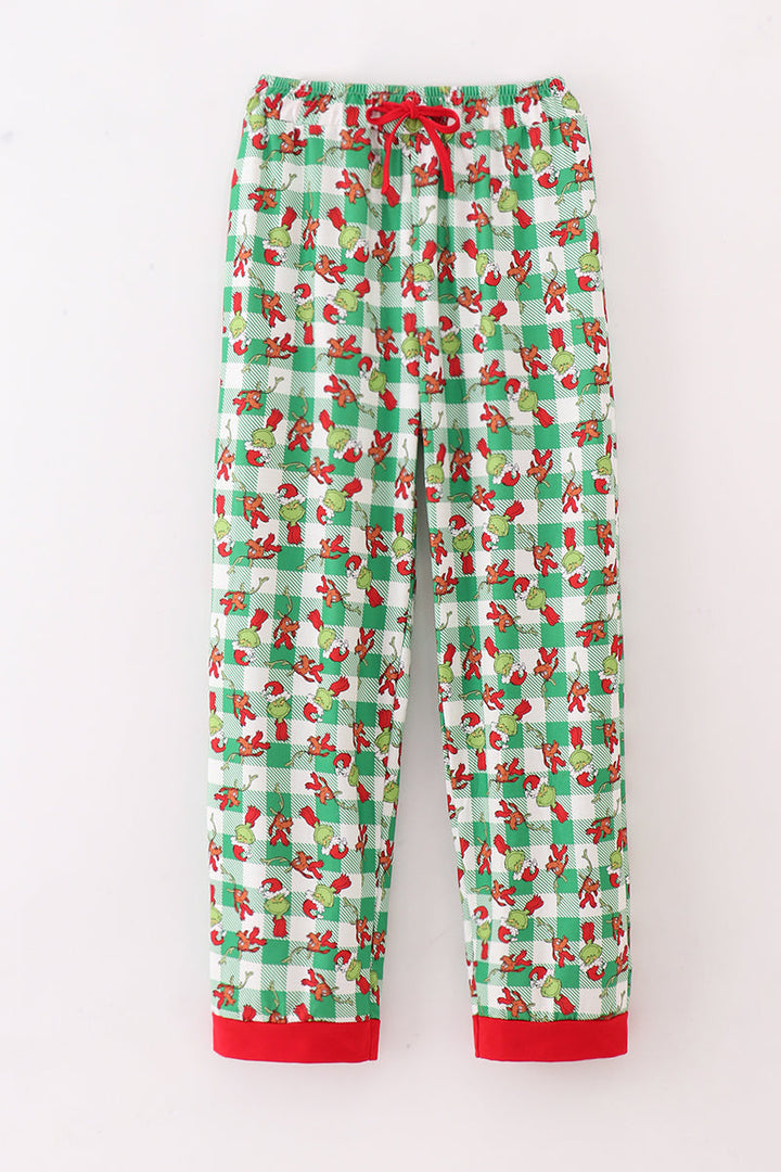 Green Grinch Print Plaid Adult Pajamas Pants