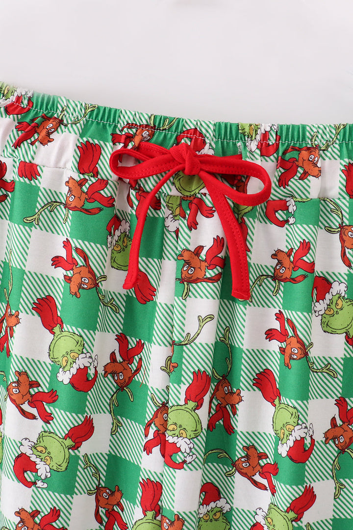 Green Grinch Print Plaid Adult Pajamas Pants