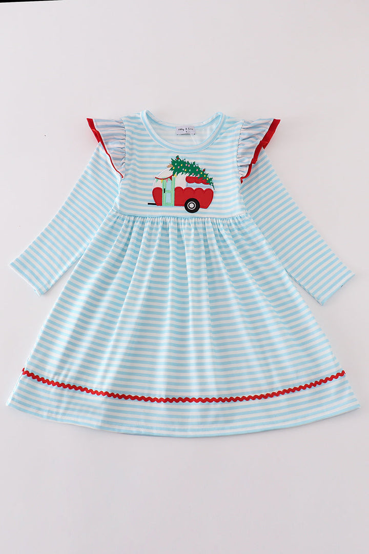 Blue Christmas Camper Van Applique Dress