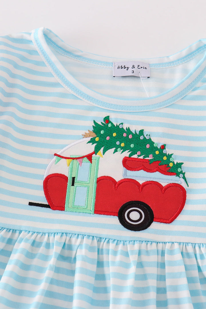 Blue Christmas Camper Van Applique Dress