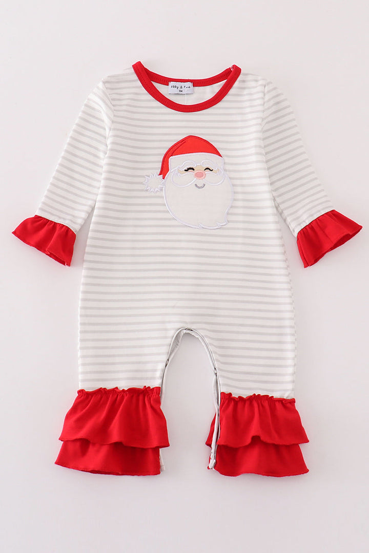 Red Christmas Santa Claus Applique Stripe Girl Romper