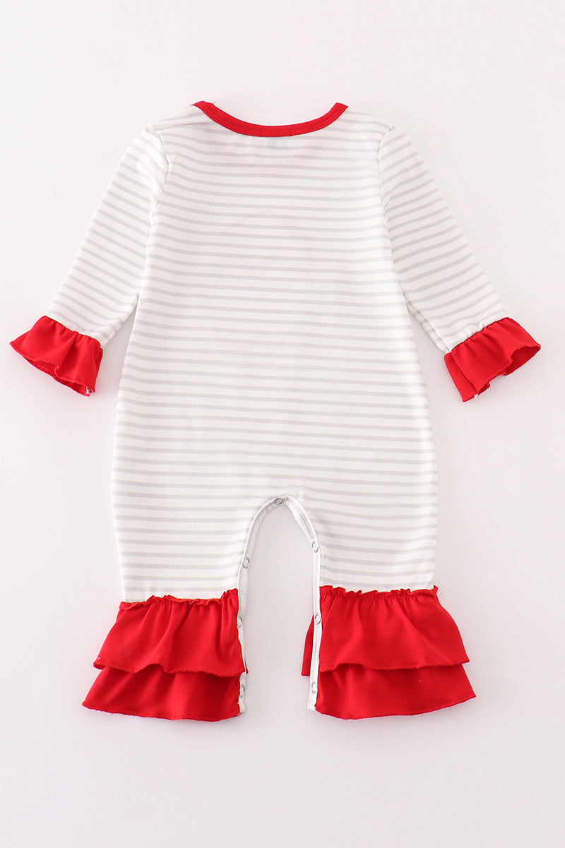 Red Christmas Santa Claus Applique Stripe Girl Romper