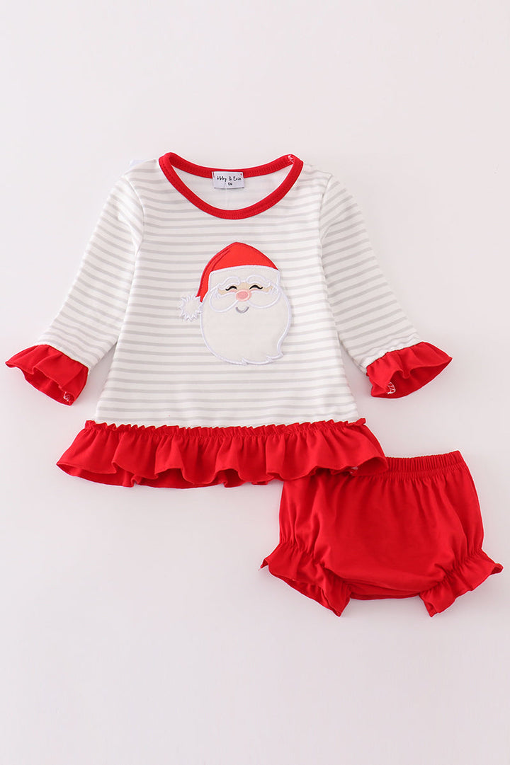 Red Christmas Santa Claus Applique Stripe Girl Bloomer Set