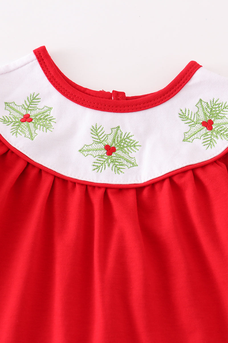 Red Christmas Holly Embroidery Girl Romper