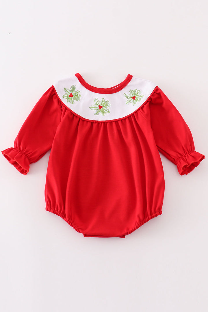 Red Christmas Holly Embroidery Girl Bubble