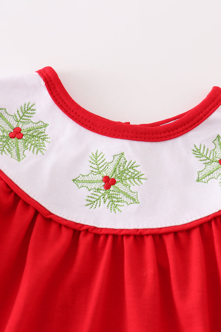 Red Christmas Holly Embroidery Girl Bubble