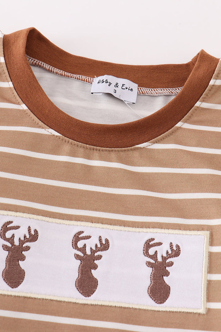 Brown Stripe Antler Embroidery Boy Top