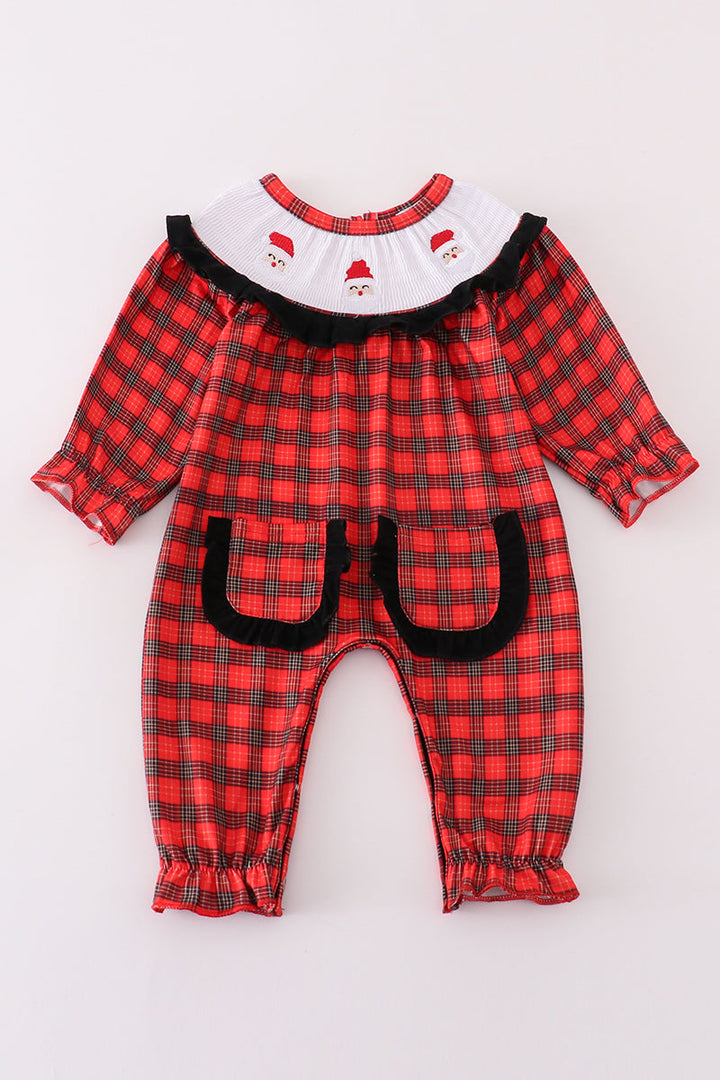 Red Christmas Santa Embroidery Smocked Plaid Girl Bishop Romper