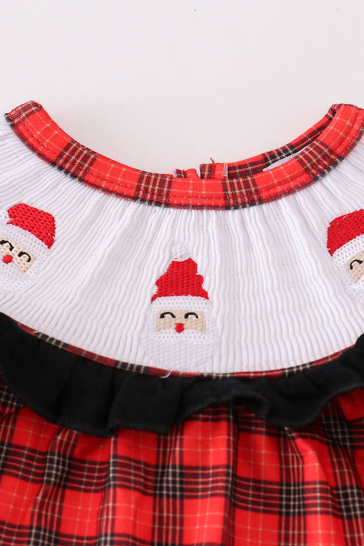 Red Christmas Santa Embroidery Smocked Plaid Girl Bishop Romper