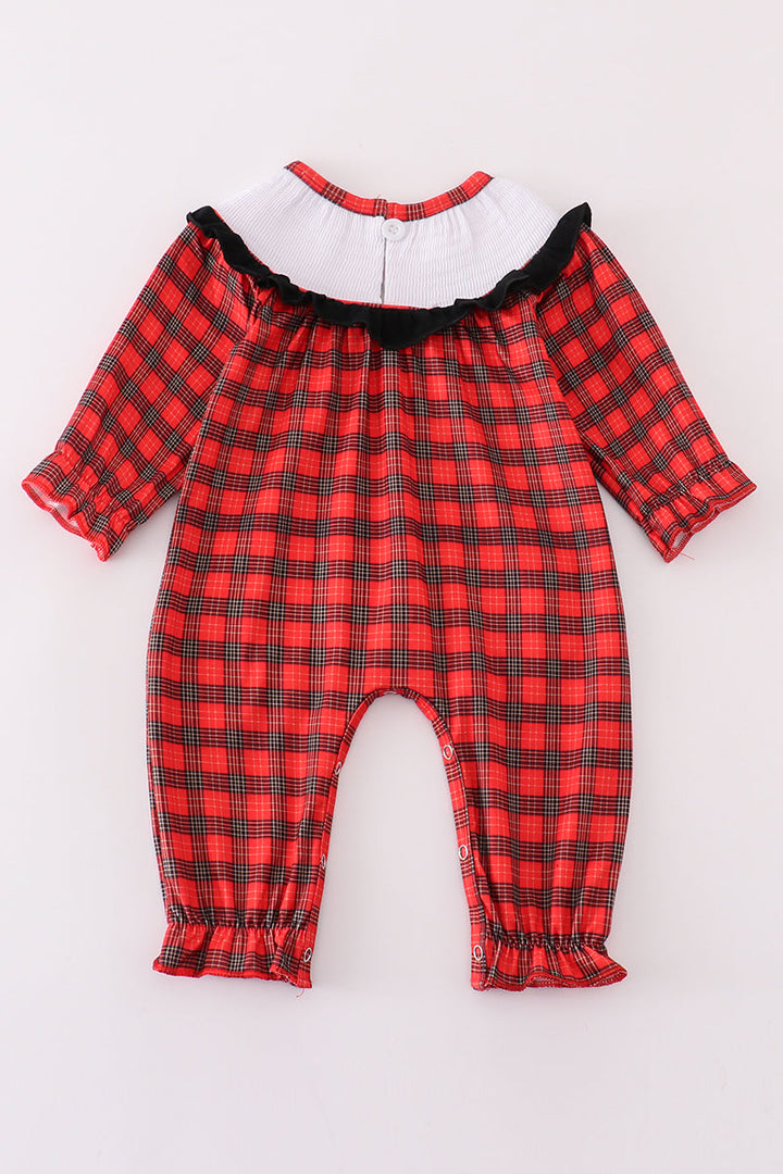 Red Christmas Santa Embroidery Smocked Plaid Girl Bishop Romper