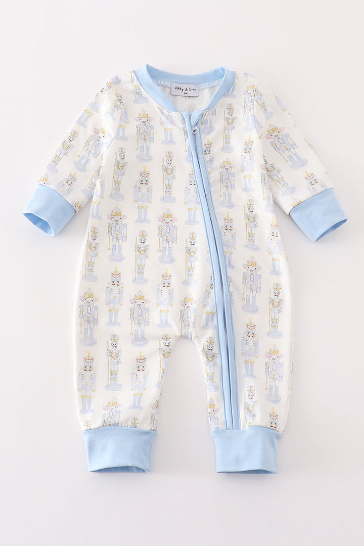 Blue Nutcracker Print Zip Boy Romper