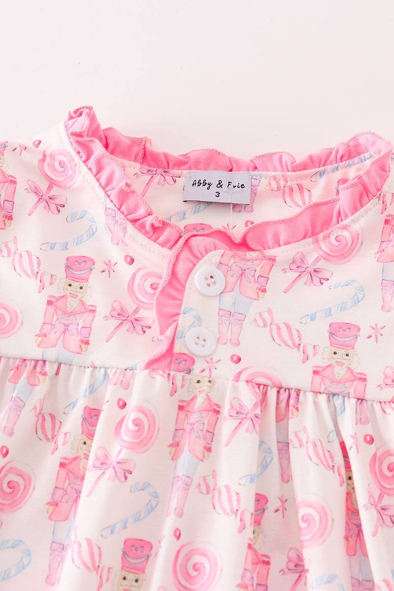 Pink Nutcracker Print Girl Ruffle Gown