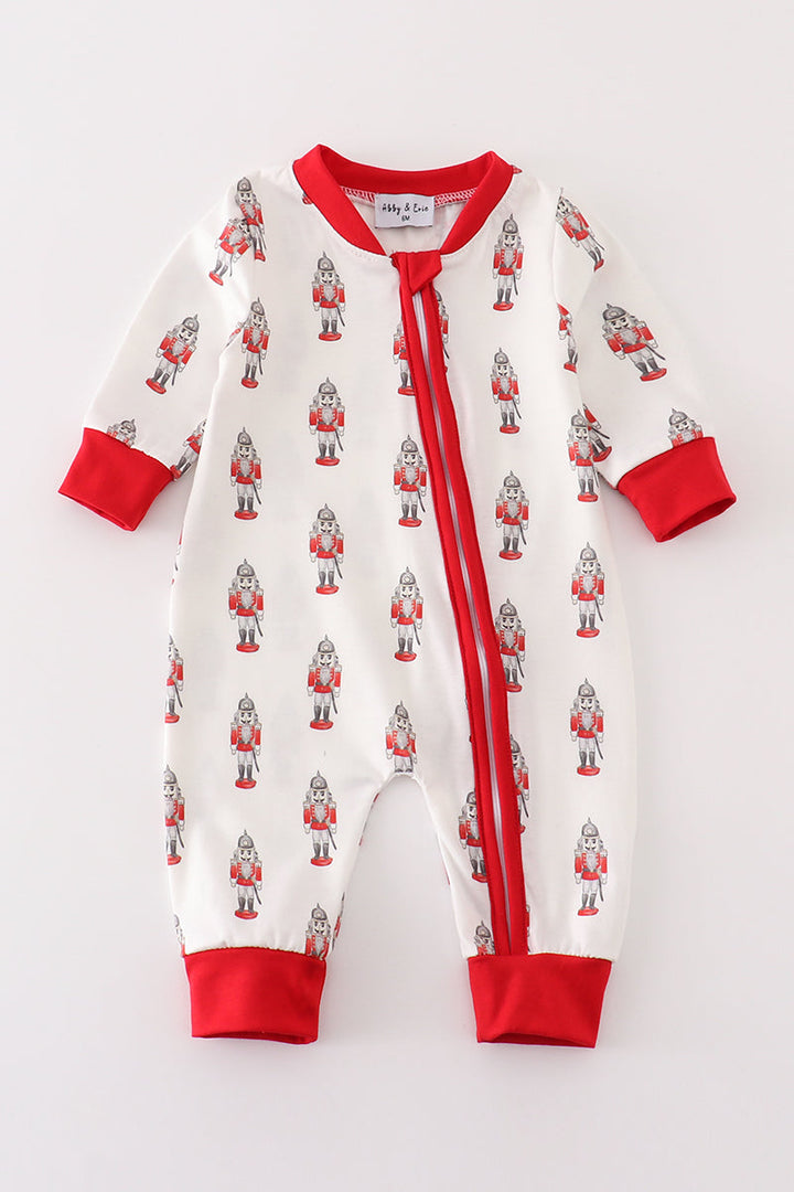 Red Nutcracker Print Ruffle Zip Boy Romper