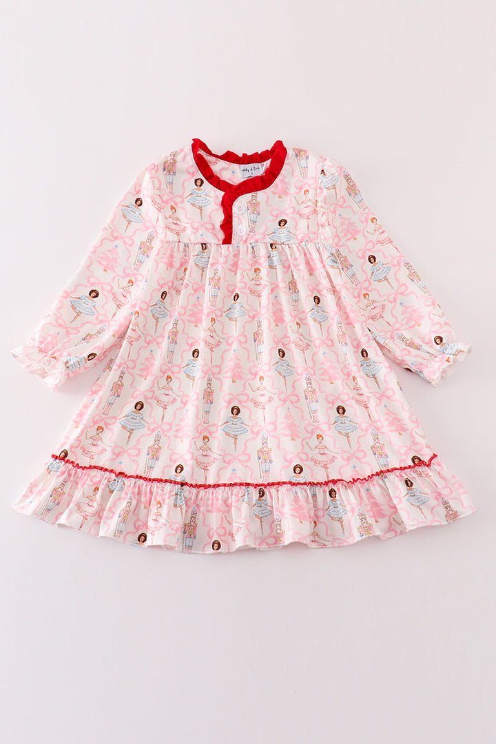 Red Nutcracker Print Ruffle Girl Gown