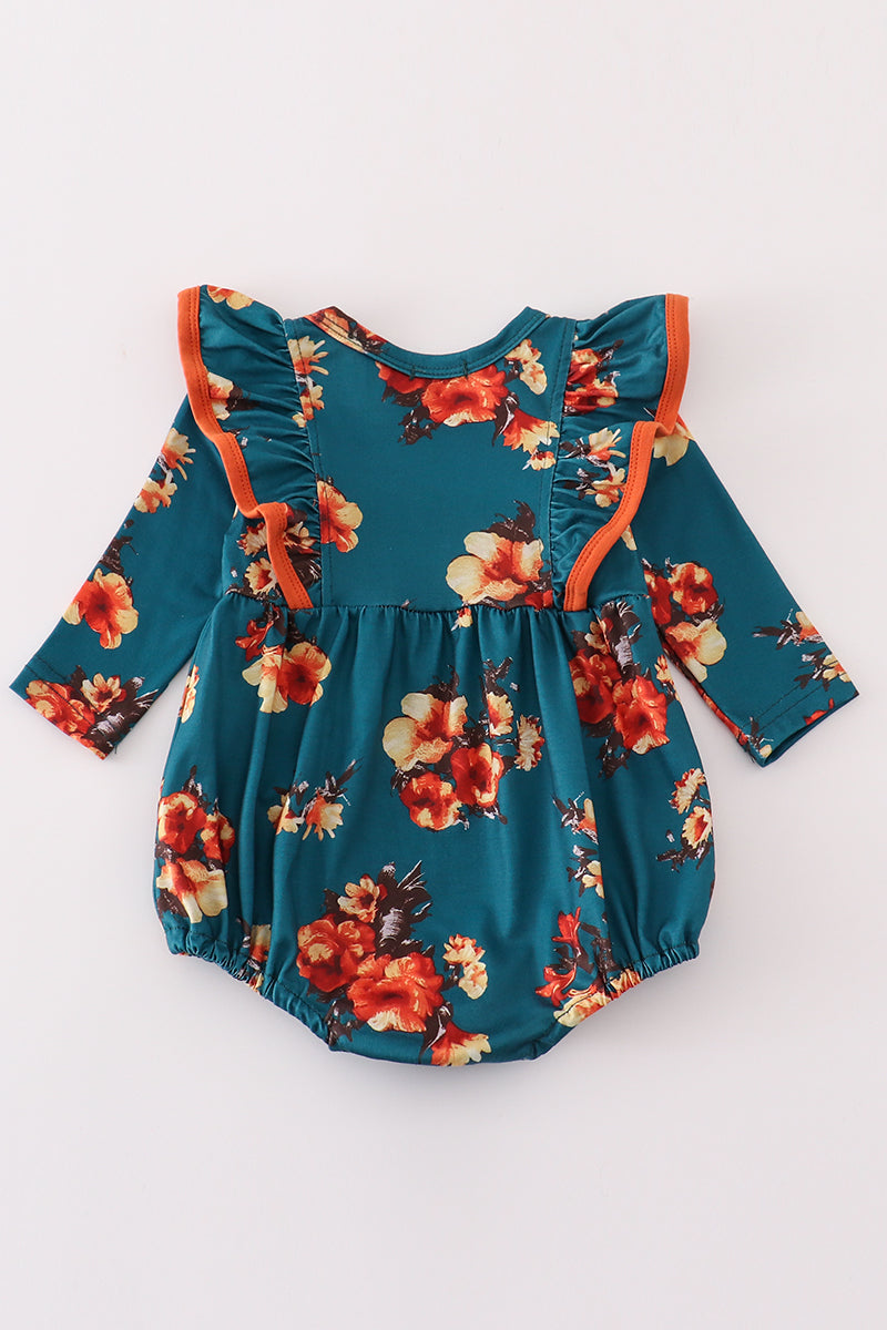 Green Floral Print Girl Ruffle Bubble