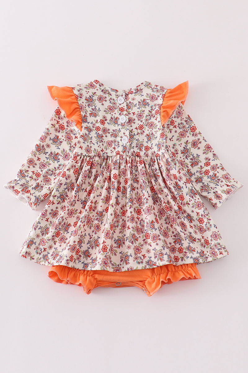 Coral Floral Cow Applique Girl Bubble