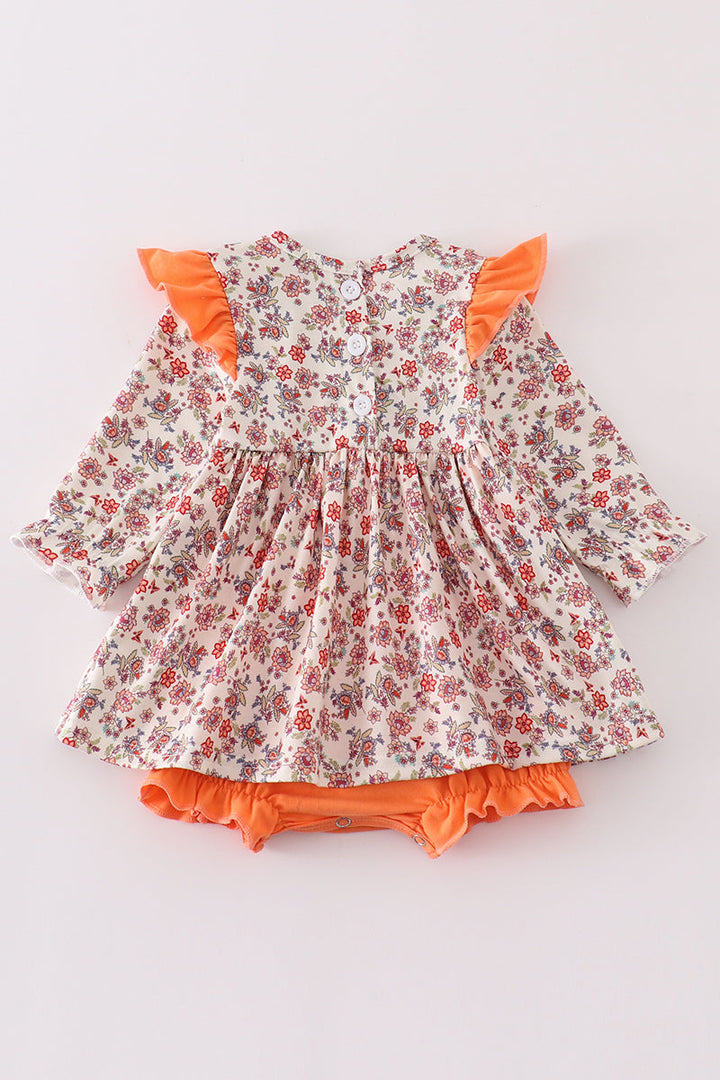 Coral Floral Cow Applique Girl Bubble