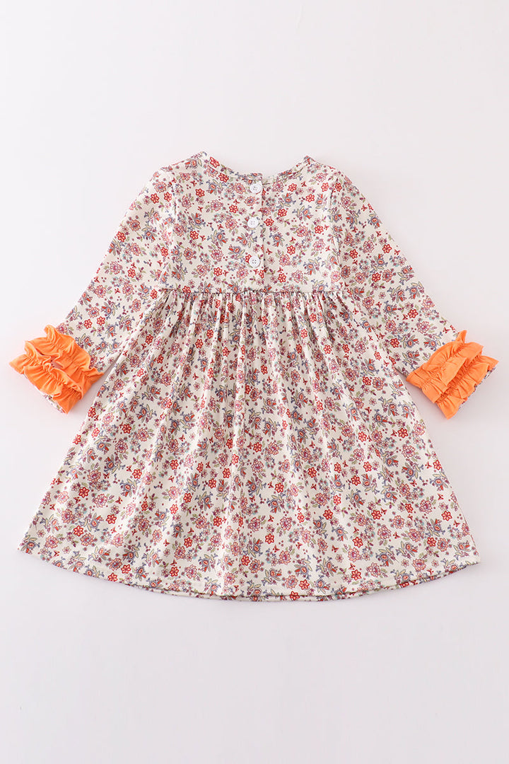 Coral Floral Cow Applique Dress