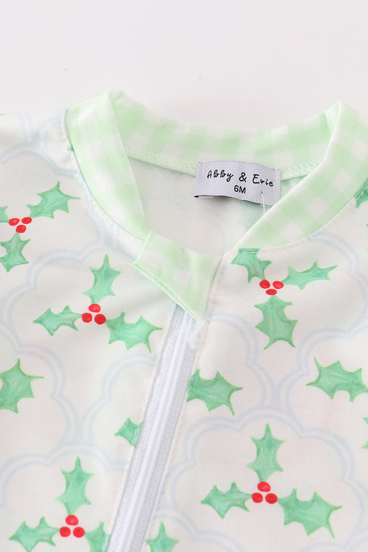 Green Christmas Holly Print Boy Romper