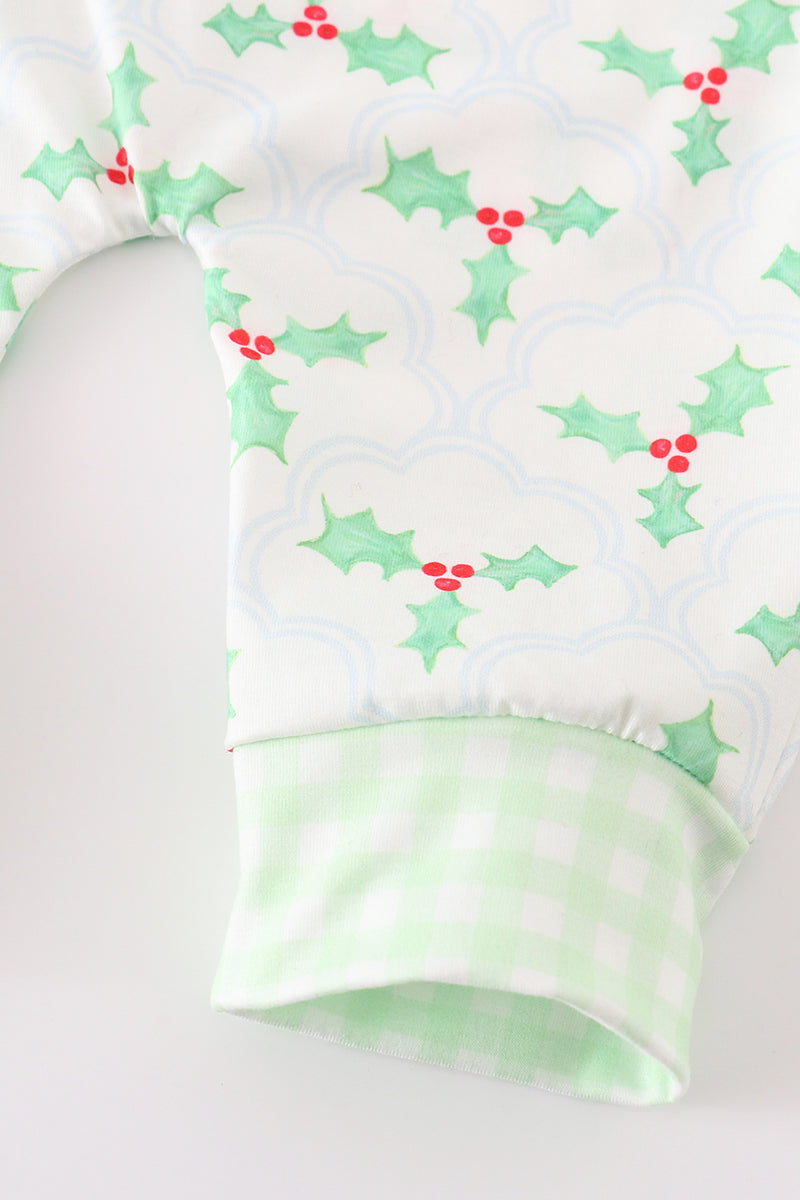 Green Christmas Holly Print Boy Romper