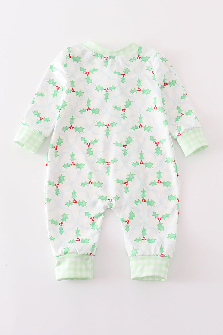 Green Christmas Holly Print Boy Romper