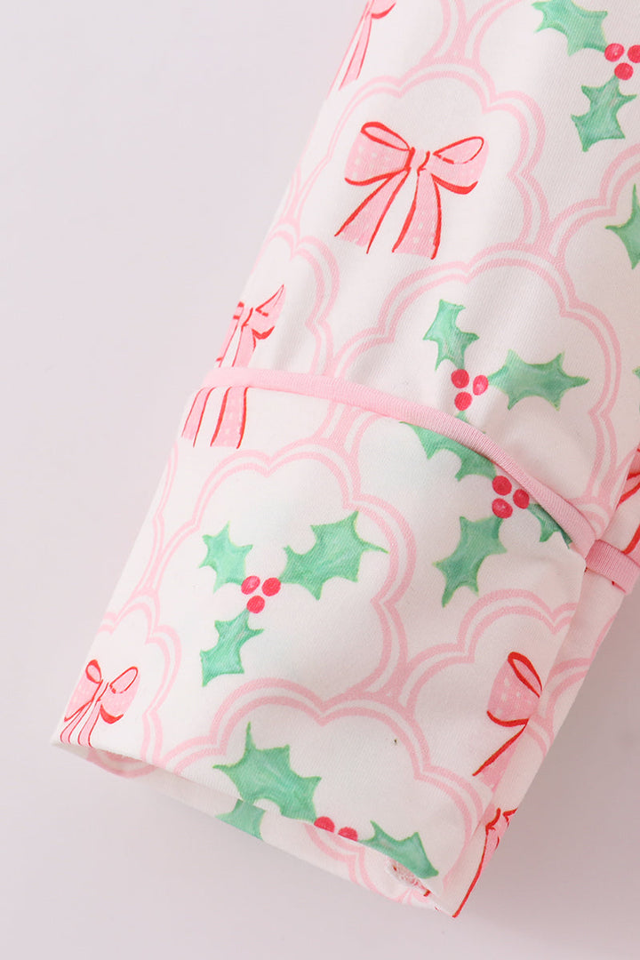 Pink Christmas Holly Bow Print Women Gown