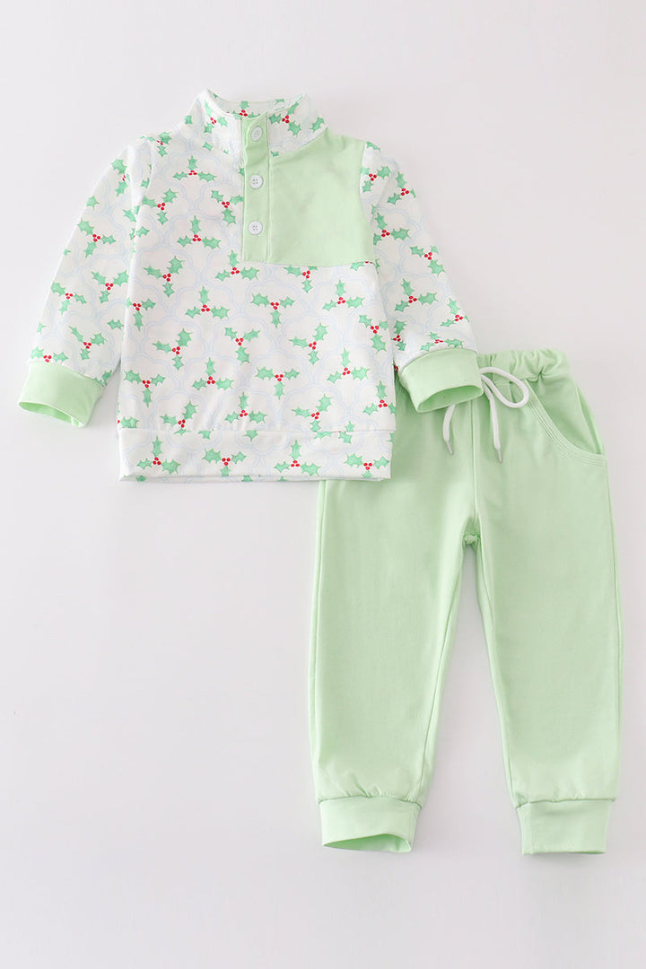 Green Christmas Holly Boy Jogger Set