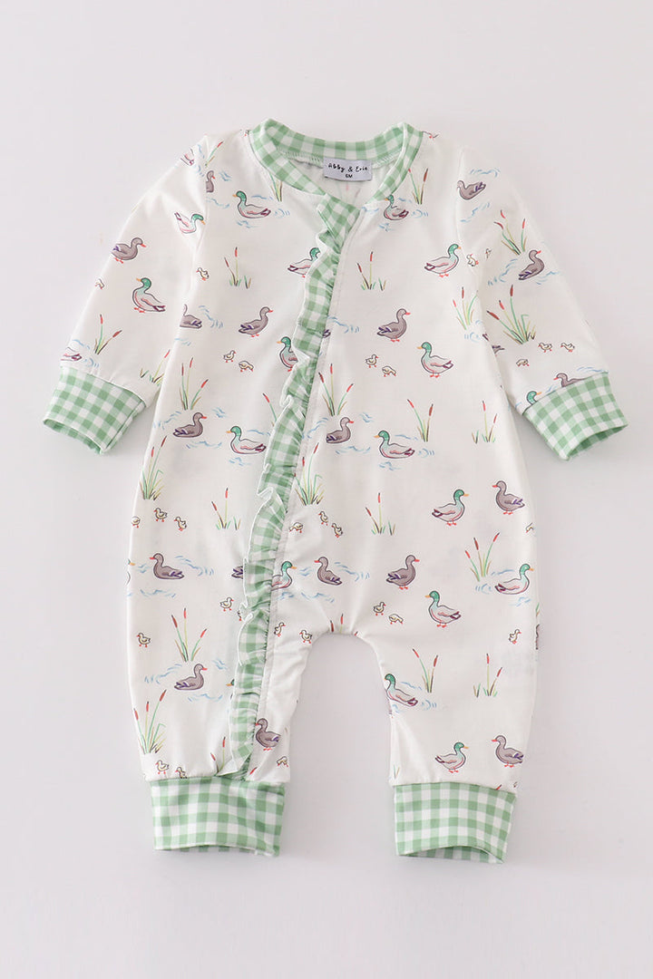 Sage Duck Print Ruffle Zip Girl Romper