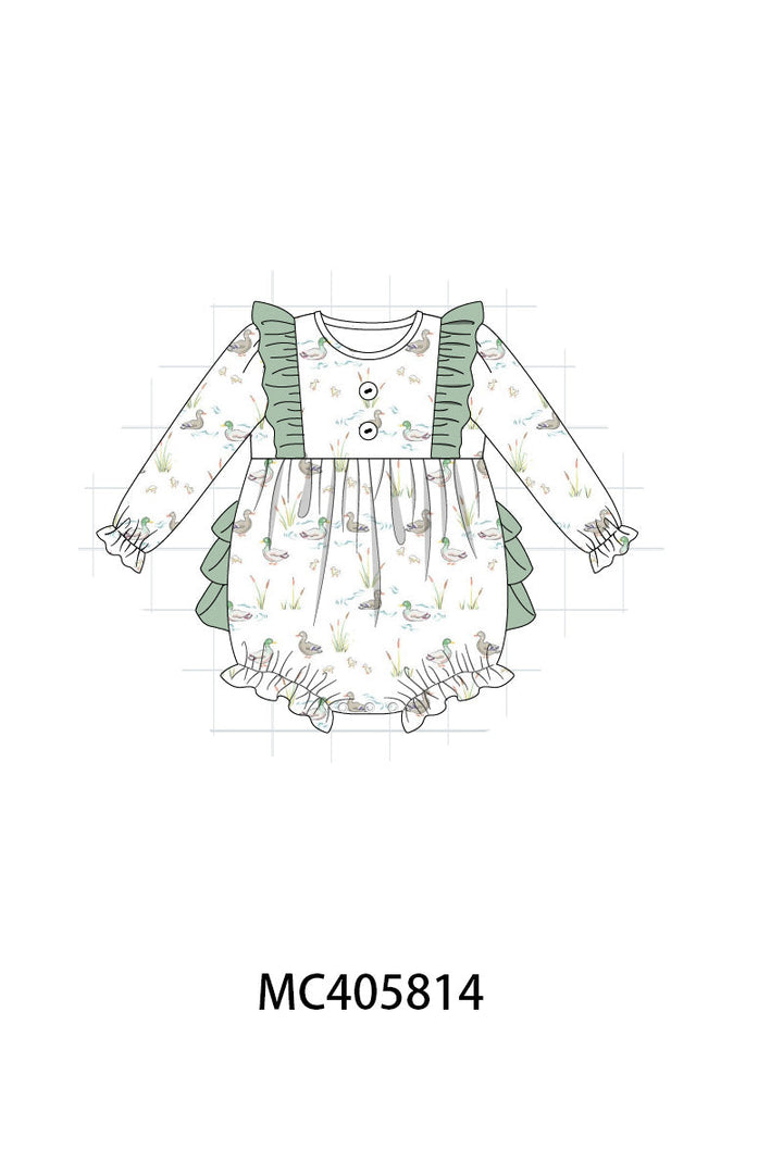 Sage Duck Print Girl Ruffle Bubble