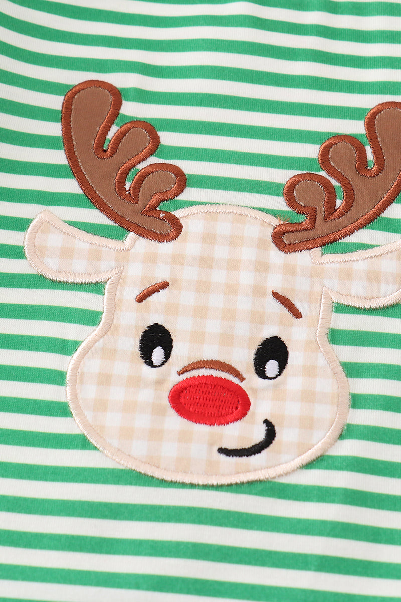 Green Stripe Christmas Deer Applique Boy Romper