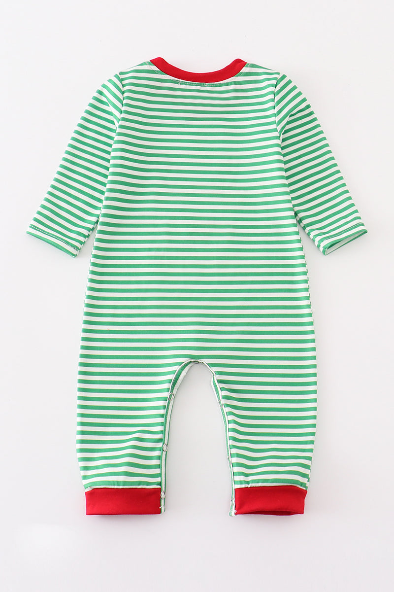 Green Stripe Christmas Deer Applique Boy Romper