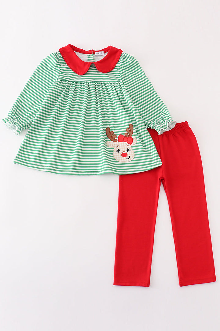 Green Stripe Christmas Deer Applique Girl Set