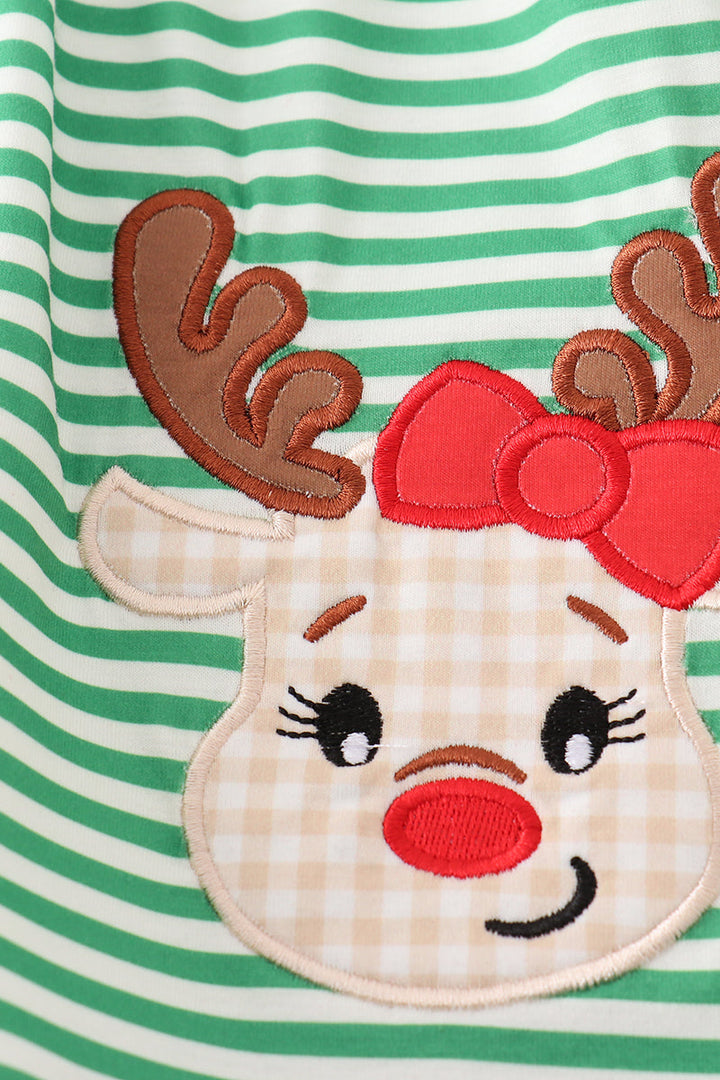 Green Stripe Christmas Deer Applique Girl Set