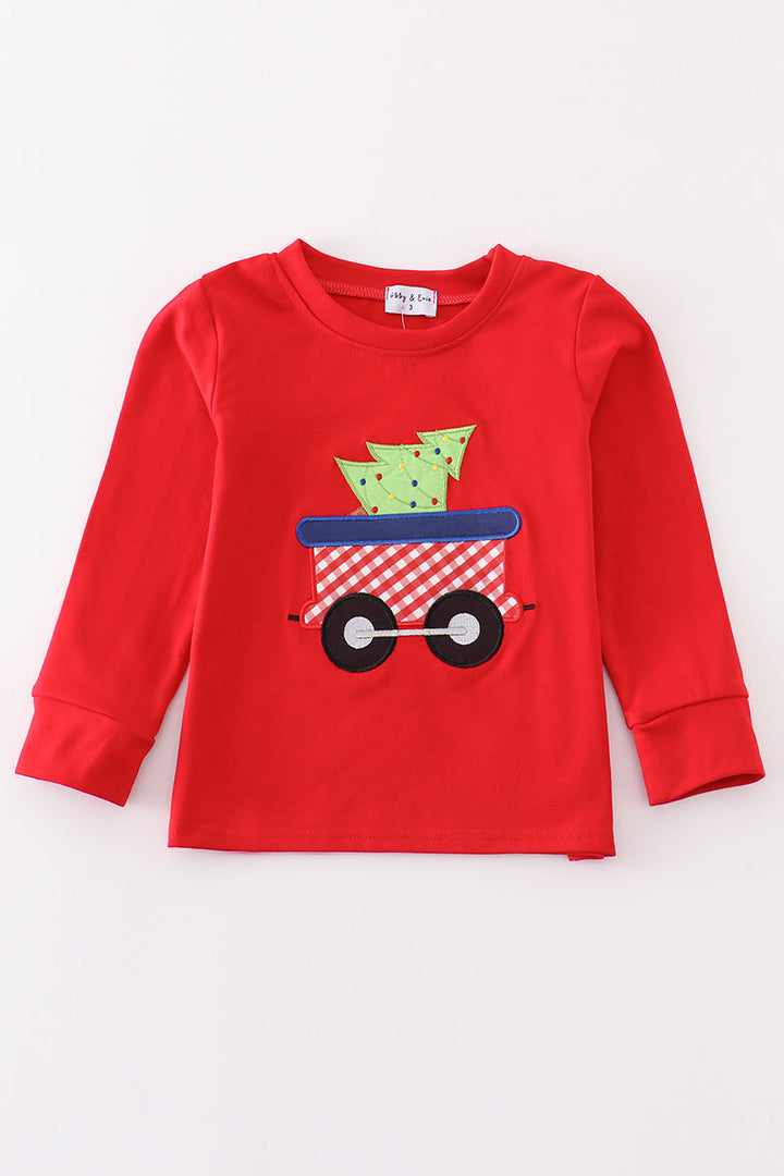 Red Trolley Christmas Tree Applique Boy Top