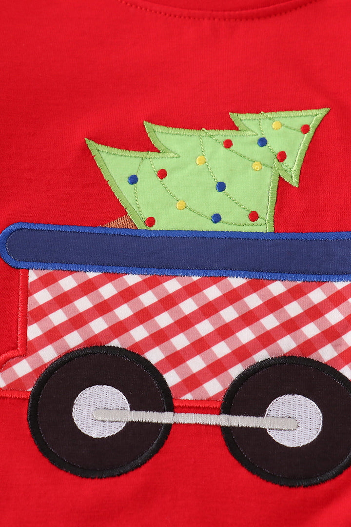 Red Trolley Christmas Tree Applique Boy Top