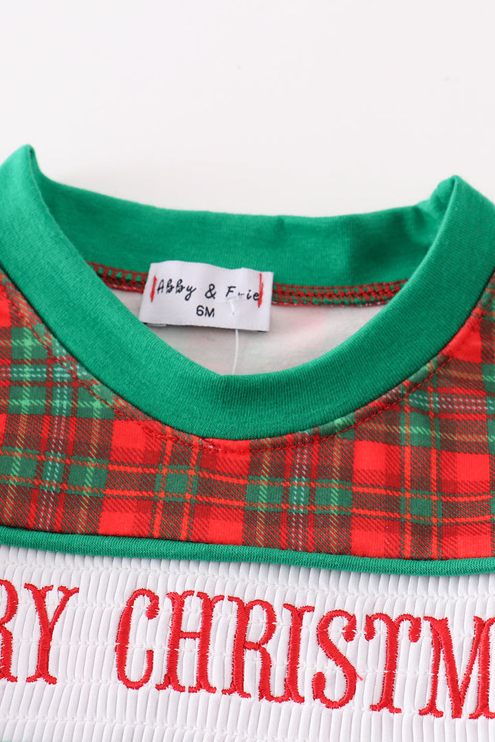 Green Merry Christmas Embroidery Boy Romper