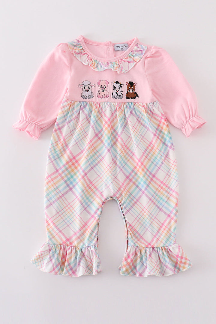 Pink Farm Animals Embroidery Girl Romper