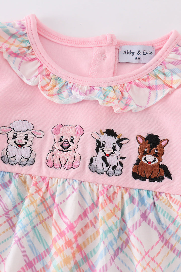 Pink Farm Animals Embroidery Girl Romper