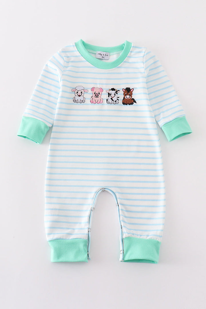 Green Farm Animals Embroidery Boy Romper