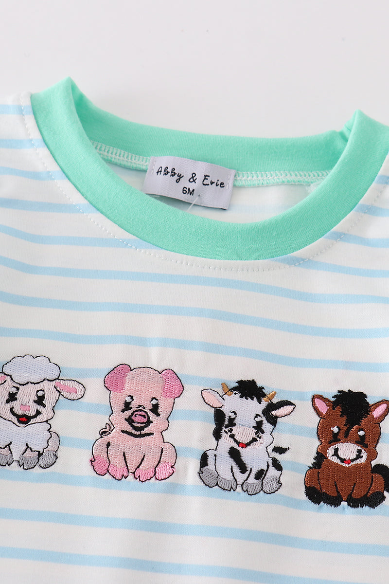 Green Farm Animals Embroidery Boy Romper